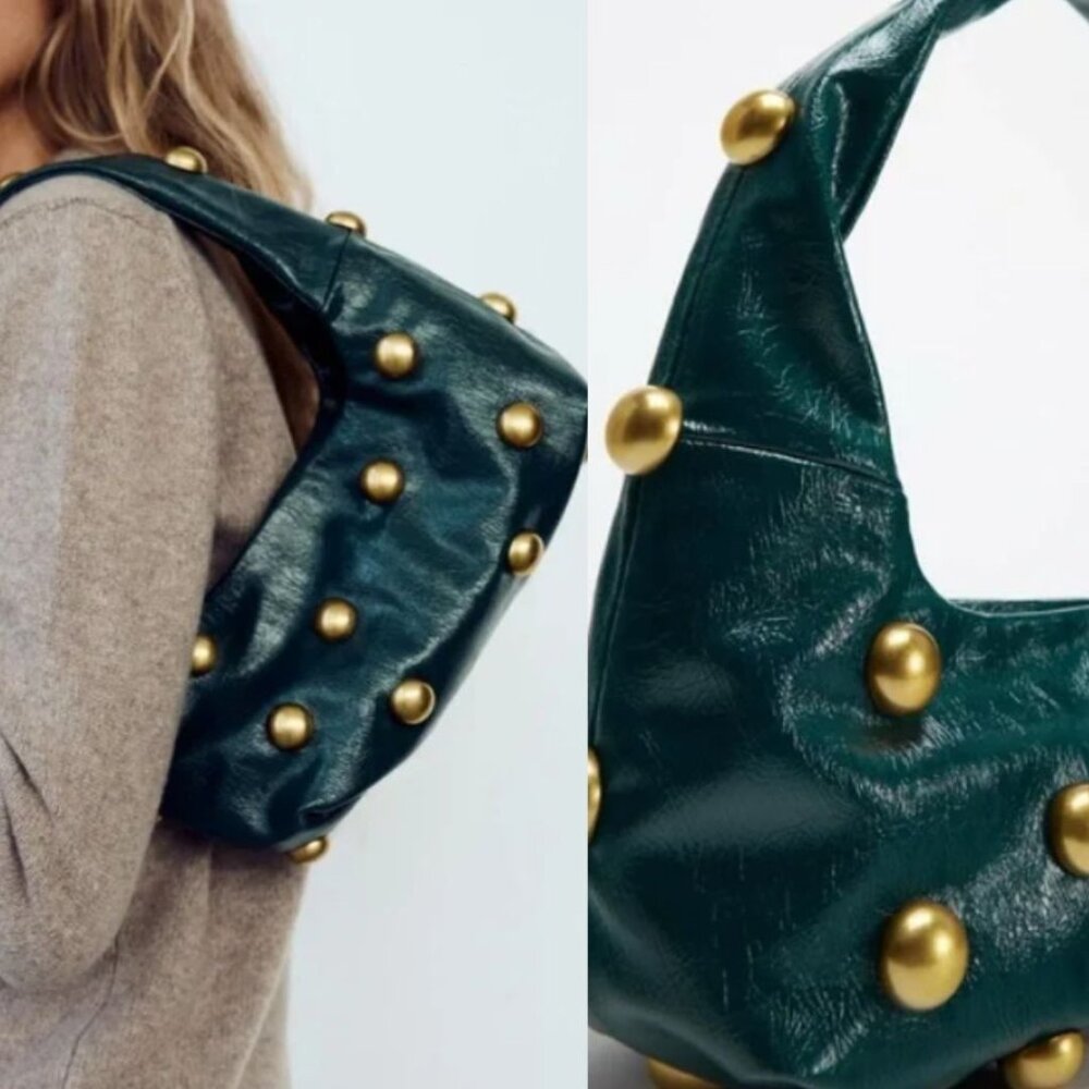 Zara Dark Teal Shoulder Bag with Gold Studs - Picture 1 of 1